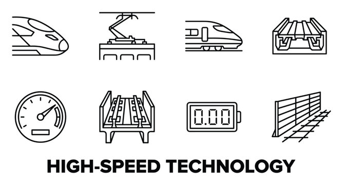 High speed technology and transportation line art icons trains tracks and power elements.