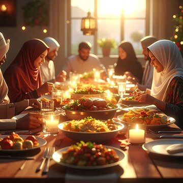 Muslim family sharing iftar meal together.