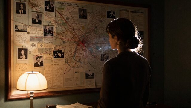 Detective Woman Analyzing Evidence Board with Red Strings