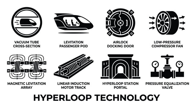 Hyperloop technology explained with icons of futuristic transport and infrastructure components.