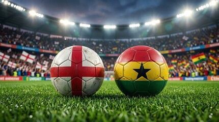 Fototapeta premium Two Soccer Balls with England and Ghana Flags on Stadium Pitch Before an International Football Match