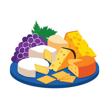 Gourmet cheese platter with purple grapes and crackers, assorted dairy cheese board vector illustration