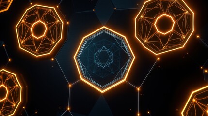 Fototapeta premium Abstract geometric shapes glow brightly against dark background. Lines connect octagons creating futuristic tunnel effect.