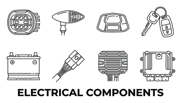 Line art electrical components for vehicles set including charging port signal light tail light key fob battery.
