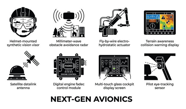 Next gen avionics aviation technology pilot helmet radar actuator display antenna computer screen sensor.