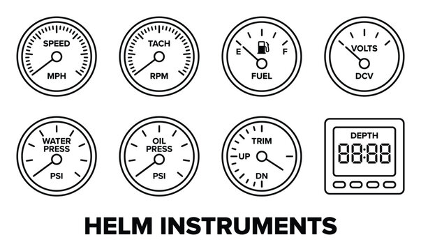 Set of helm instruments including speed tachometer fuel volts water oil trim and depth gauges.