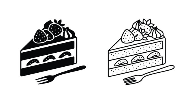 Slice of strawberry cake with fork black and white line drawing