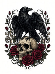 Fototapeta premium A crow perches on a skull and a rose