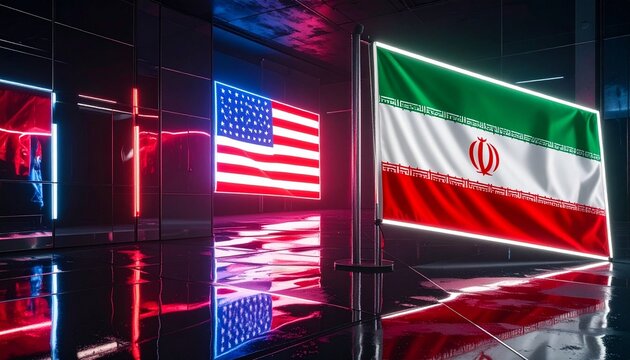 US and Iran flags illuminated with neon diplomatic contrast