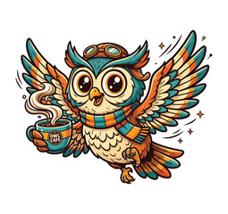 Naklejka premium Cute owl cartoon character holding a hot cup of coffee with wings spread wide