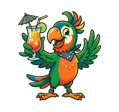 Happy parrot bird character holding a refreshing tropical cocktail drink