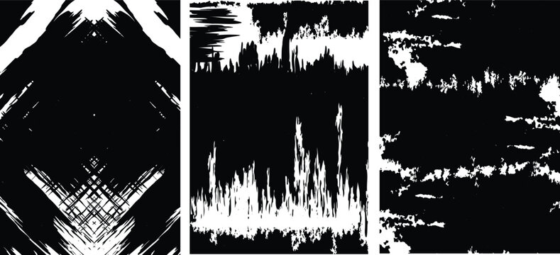 Set of black aggressive grunge backgrounds with sharp brush borders and grainy speckle textures