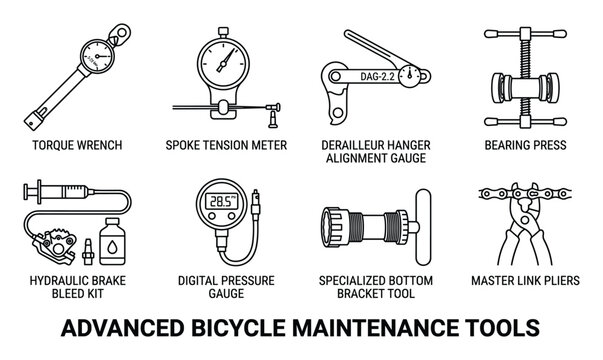 Advanced bicycle maintenance tools outline with torque wrench spoke tension meter hanger alignment gauge.