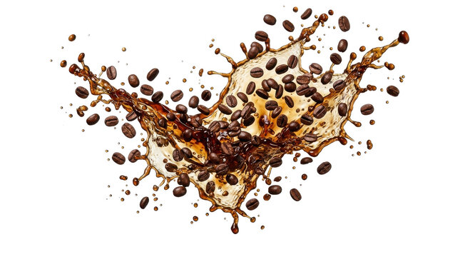 Coffee beans splashing in mid-air, captured in a dynamic slow-motion shot with a warm brown color palette on a white background