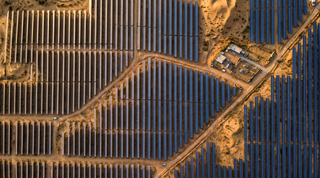 Aerial View of Solar Power Plant in Desert for Renewable Energy