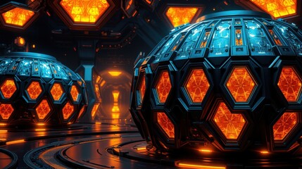 Fototapeta premium Futuristic interior features glowing hexagonal structures. Dark tones dominate with vibrant orange illumination creating dramatic effect. Complex design.