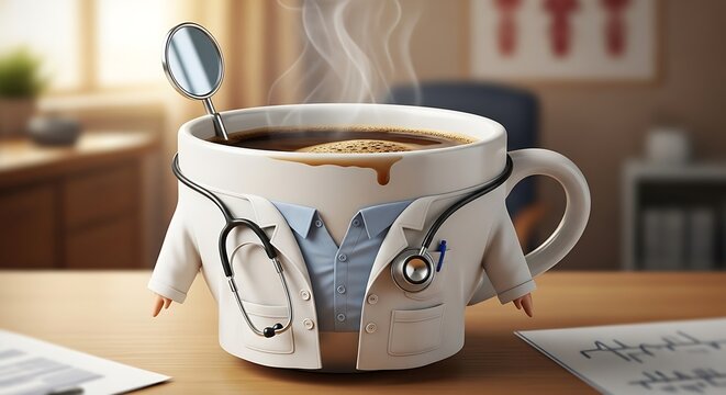 A steaming coffee cup wears a doctor's coat, stethoscope and dental mirror, appearing ready for work. It sits on a desk with paperwork and a blurred office background