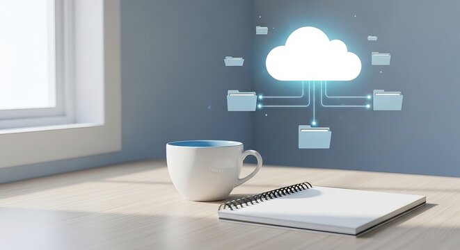 Digital cloud computing interface showing file synchronization icons floating above a desk with a white coffee cup and notebook photo