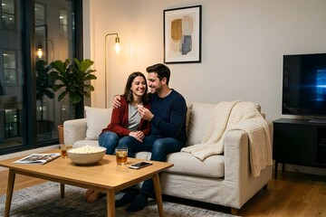 Obraz premium Young Couple Watching Movie at Home Together