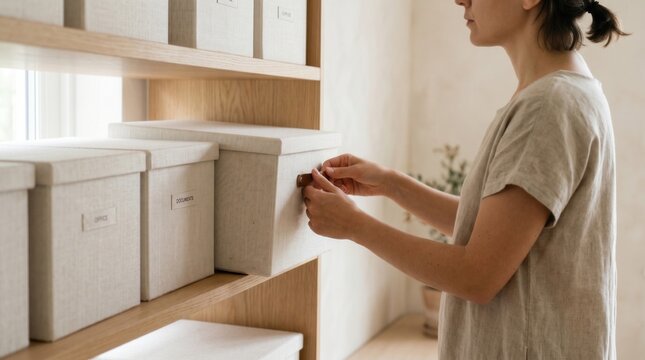 Woman organizing office storage boxes on wooden shelves in a minimalist home office, perfect for lifestyle blog, organization website, and interior design presentation