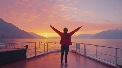 Fototapeta premium Woman enjoys sunrise, lake boat, mountains