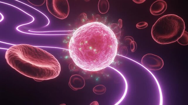 Animated 3D microscopic view of flowing red blood cells following a luminous neon pathway, centered around a glowing viral particle