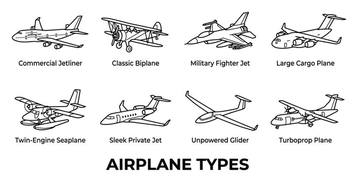 Collection of diverse airplane types including jetliner biplane fighter cargo seaplane glider and turboprop.