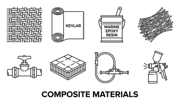 Composite materials icons for weaving kevlar resin pipe honeycomb hose and spray gun.