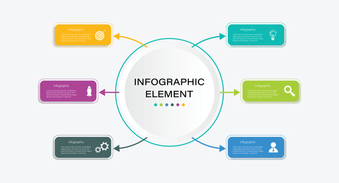 circular infographic element template. Infographic template with three colorful options, icons, and text boxes.  Infographic design layout. Infographic frame with 6 steps or options.