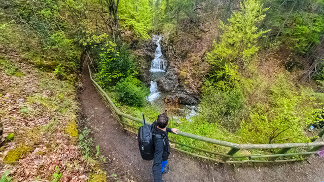 man in the forest. Milia waterfall, Epirus, Greece