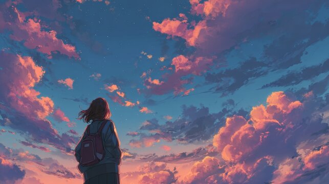 Anime girl gazing at cloudy sunset sky, colorful dreamy atmosphere, manga lofi style, seamless vertical wallpaper background