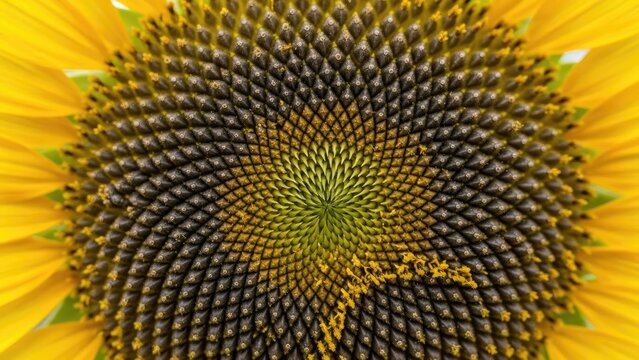 Close-up of a sunflower center with detailed seed pattern in golden light