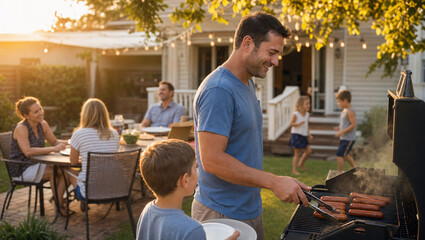 Fototapeta premium Man grilling hot dogs at outdoor family gathering, summer backyard BBQ scene