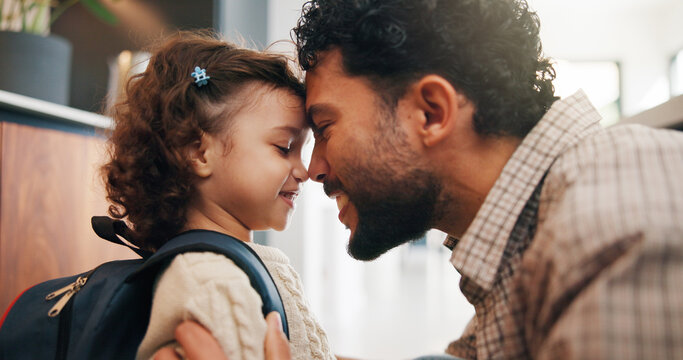 Happy, dad and child with backpack, home and getting ready for first day of school or forehead touch. Man, smile and girl with bag for daycare in house, morning routine and preparing toddler to leave