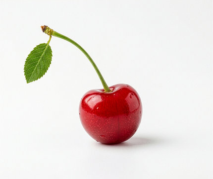 Single ripe red cherry with stem and green leaf isolated on clean white background, studio shot concept for fresh fruit and healthy dessert.