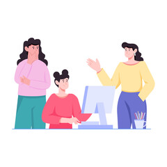 Obraz premium Flat illustration of team members discussing project tasks.