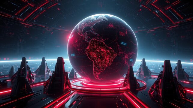 Futuristic room features glowing globe. Red lights illuminate complex technology, creating dramatic visual effect. Dark background enhances intensity.