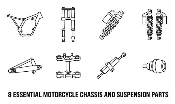 Eight essential motorcycle chassis and suspension parts outlined for easy recognition.