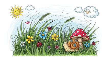 Colorful spring meadow with happy snail mushroom flowers grass © Sadia