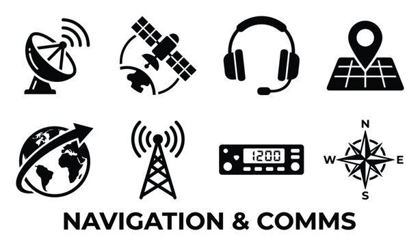 Navigation and communication technology icons including satellite dishes GPS map and radio transceiver for global connectivity.