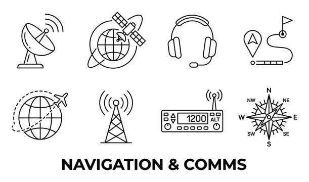 Navigation and communication technology icons including satellite dishes GPS map and radio transceiver for global connectivity.