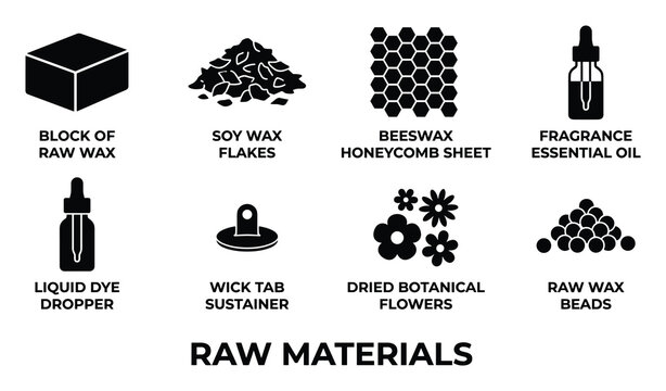 Raw materials for candle making block soy wax flakes beeswax honeycomb sheet fragrance essential oil dye dropper wick sustainer dried flowers.