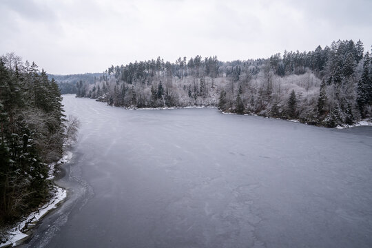 Frozen Alpine Lake Surrounded by Snowy Pine Forest in Winter
