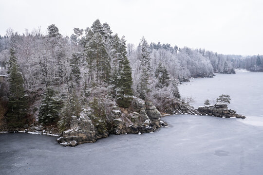 Frozen Alpine Lake Surrounded by Snowy Pine Forest in Winter