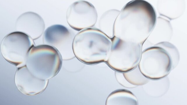Abstract clear liquid bubbles floating over white background, 3d transparent cell morphing fluid, Seamless animation
