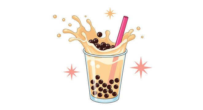 Fun cartoon illustration of a cup of bubble tea with a large splash, pink straw, and dark tapioca pearls flying in the air.