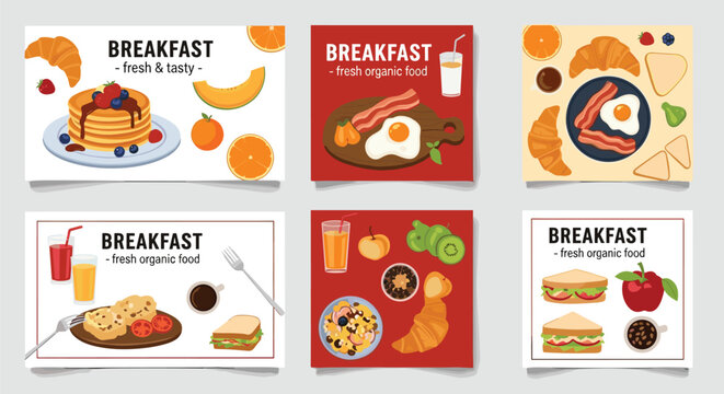 Set of six breakfast menu cards featuring pancakes eggs sandwiches croissants and fresh fruits in various layouts.