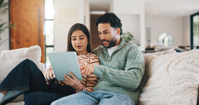 Couple, tablet and relax on sofa, browsing and search with streaming, video and film on web in home. People, man and woman on digital touchscreen, app and movie choice in lounge at apartment