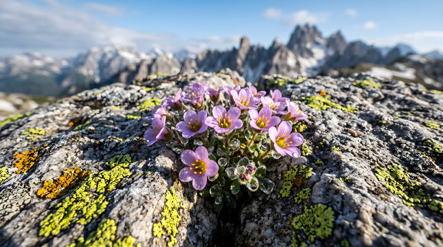 Small pink alpine wildflowers blooming on a lichen-covered rock in the high mountains with a scenic snow-capped jagged peak background.