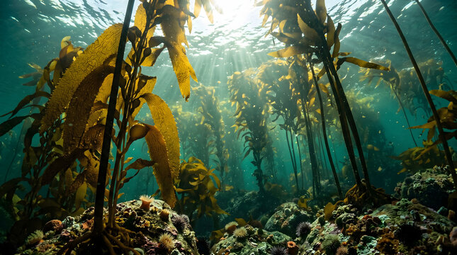Majestic underwater kelp forest with sunlight rays filtering through the clear turquoise water illuminating a vibrant marine ecosystem with sea urchins